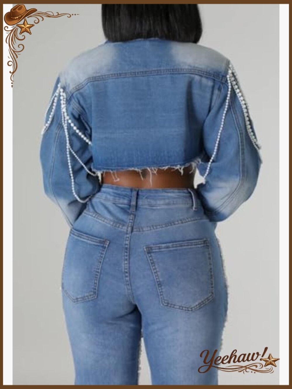 Cropped Denim Jacket Long Sleeve Trendy Pearl Distressed Crop Top Jean Jacket - Picture 5 of 6